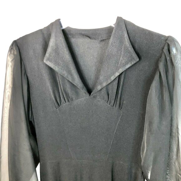 Vintage Black Dress With Sheer Long Sleeves & Collared Neckline Elegant Design - Picture 2 of 11